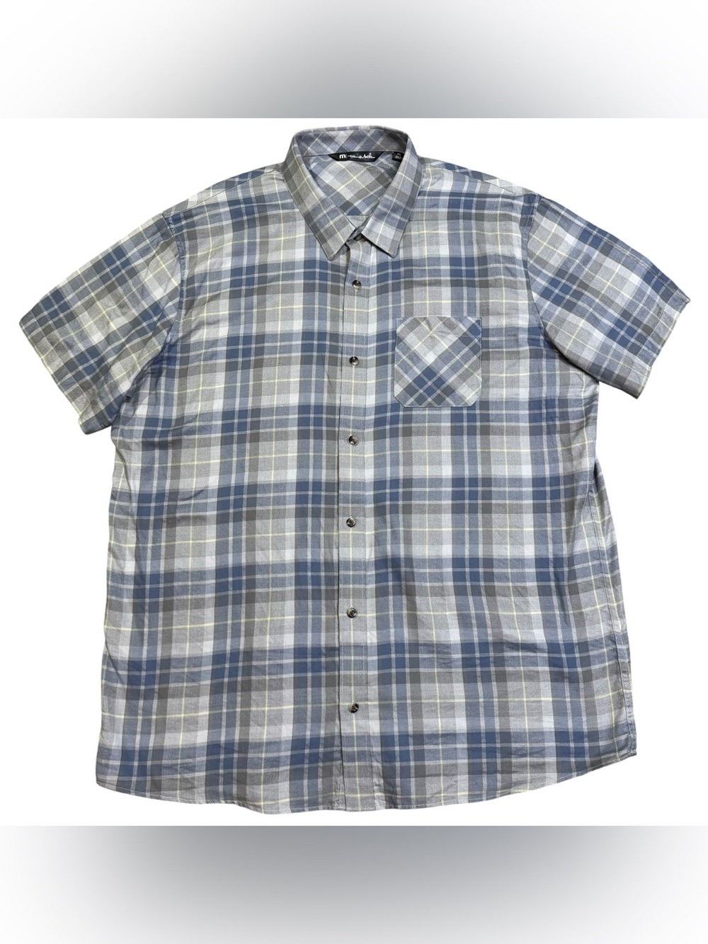 Travis Mathew Short Sleeve Golf Shirt Mens XXL Blue Gray Plaid Button Up Casual